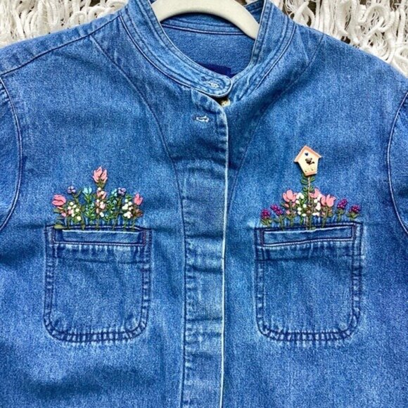 Vintage Denim Embellished Button-Up Shirt By Ruff Hewn With Embroidery Size M - Picture 4 of 8